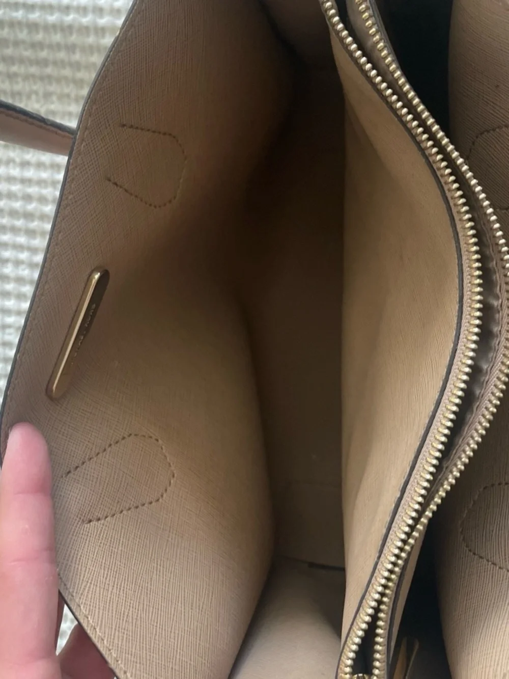 Michael Kors Beige Signature MK Tote with Brown Leather Handles